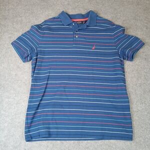 Nautica‎ Polo Shirt Mens Large Blue Striped Short Sleeve Cotton Blend Pique